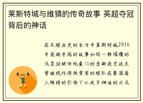 莱斯特城与维猜的传奇故事 英超夺冠背后的神话
