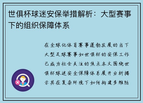世俱杯球迷安保举措解析：大型赛事下的组织保障体系